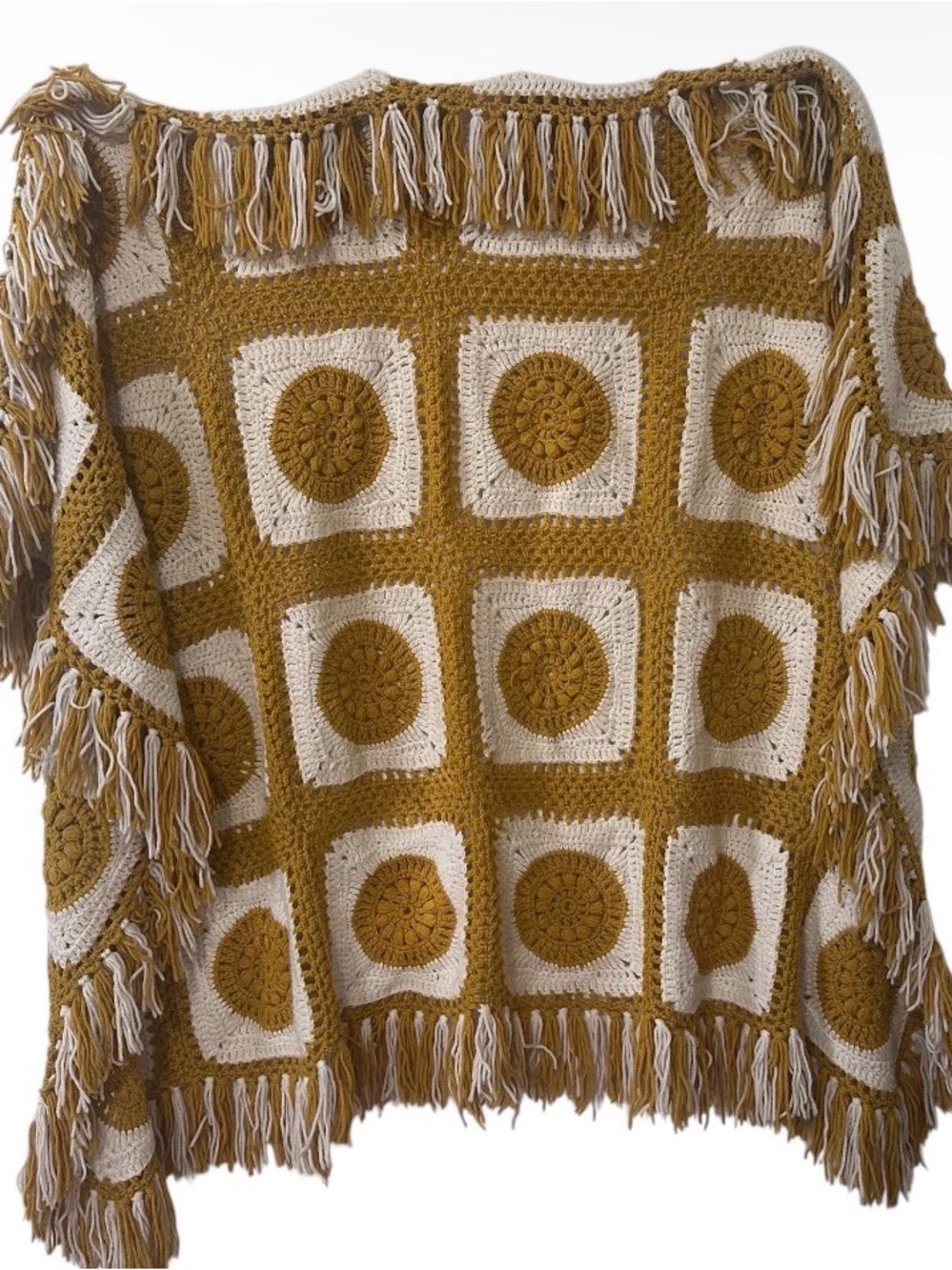 Handmade Mustard and Cream Crochet Fringe Throw Blanket